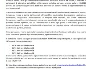 Nuovo corso di formazione periodica obbligatoria (15 ore) per amministratori condominiali – anno 2019/2020